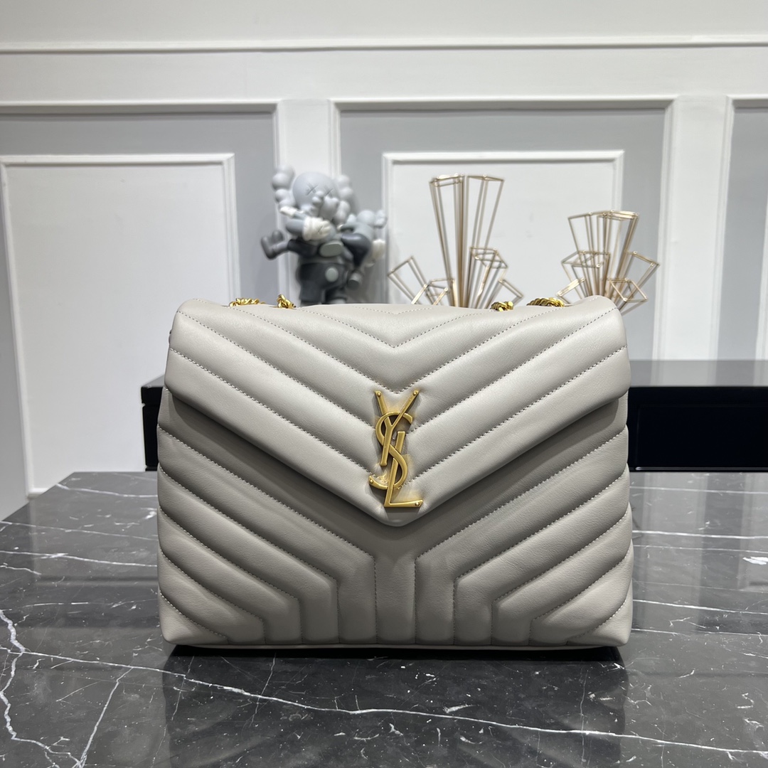 Saint Laurent Loulou Quilted Calfskin Shoulder Bag Handbag Grey 457749 Gold